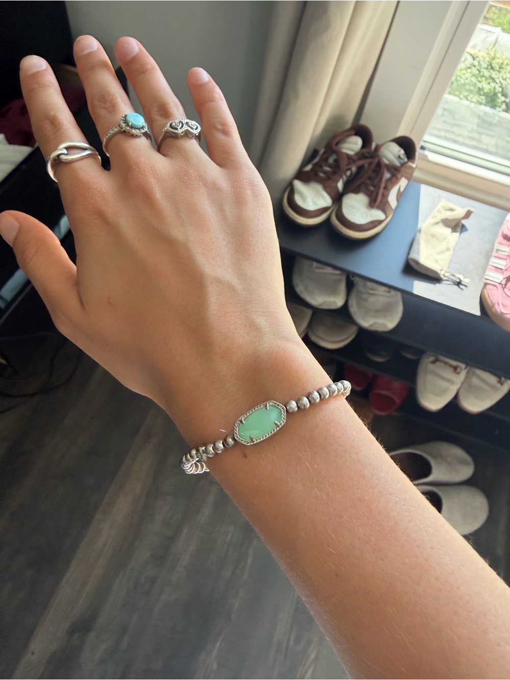 Kendra Scott Silver Beaded Bracelet with Mint Green Stone